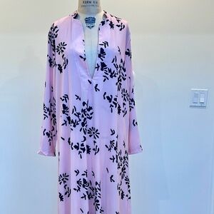 Pink Floral Long Sleeve Maxi Dress with V-Neck